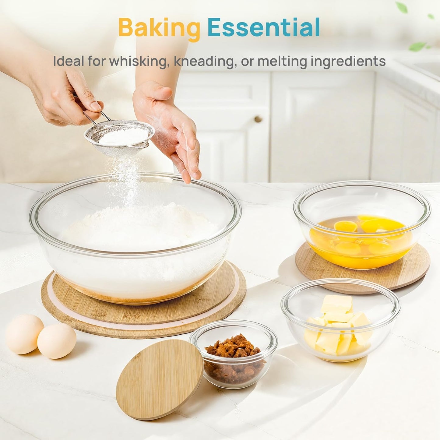 5 Pack Glass Mixing Bowls with Bamboo Lids Set (3.75/2.1/1.1/0.5/0.2 QT), Salad Bowl Set, Nesting Kitchen Bowls for Serving, Prepping, Cooking and Baking, Dishwasher & Microwavable Safe