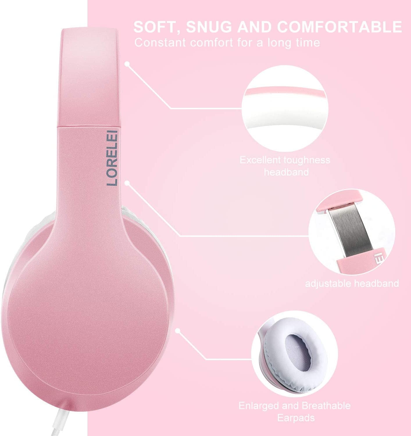 X6 Over-Ear Headphones with Microphone, Lightweight Foldable & Portable Stereo Bass Headphones with 1.45M No-Tangle, Wired Headphones for Smartphone Tablet MP3 / 4 (Pearl Pink)