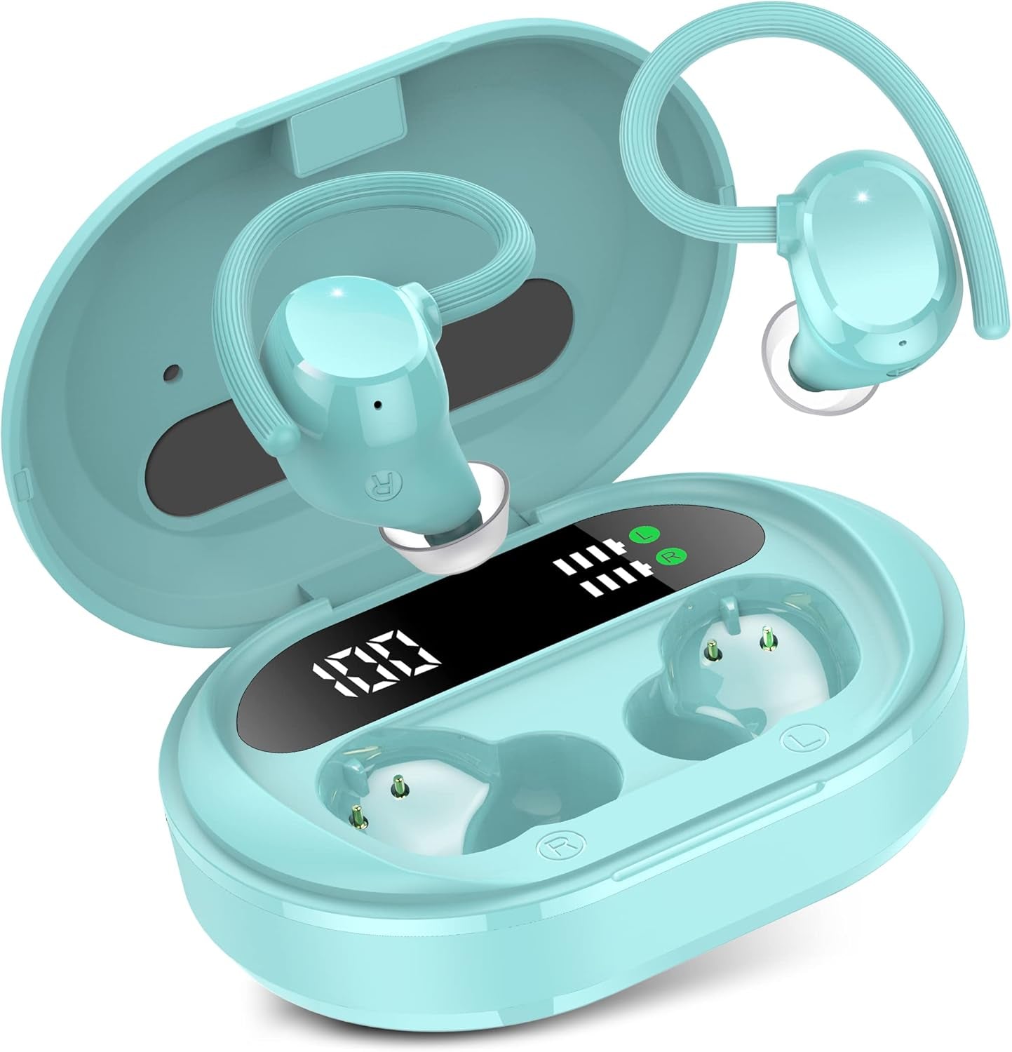 Wireless Earbuds, 2023 New Ultralight Sport Bluetooth 5.3 Headphones in Ear with LED Display, Built-In Mic Earphones, IPX7 Waterproof Wireless Headphones with Earhooks for Gym Workout (Blue)
