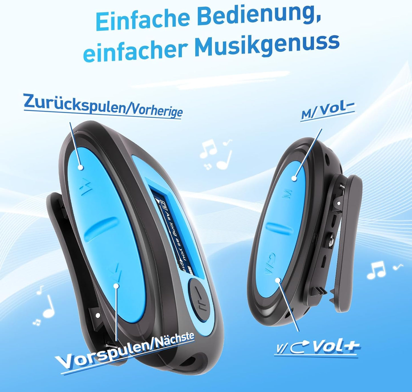 IPX8 Waterproof Mp3 Player with Screen, Multi-Functional Clip Music Player with Waterproof Headphones for Surfing Swimming Water Sports