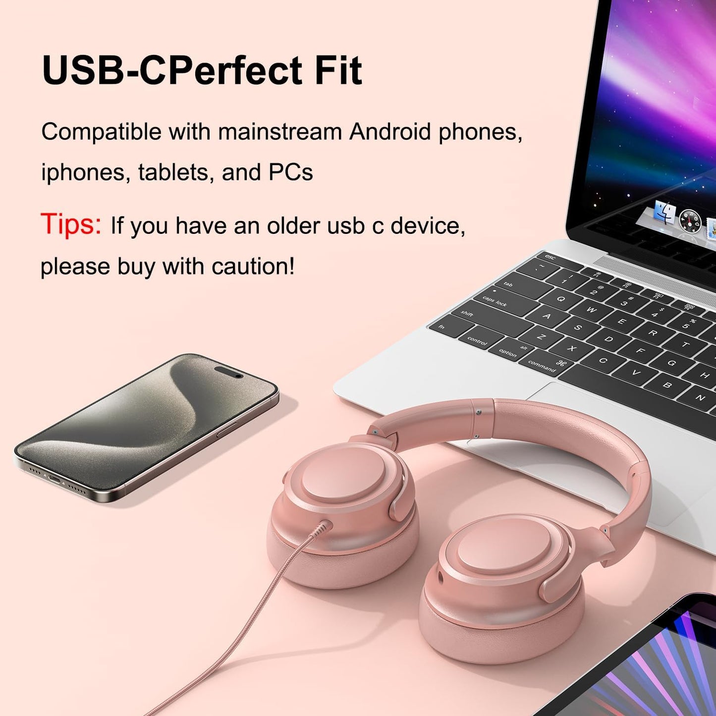 Wired Over-Ear Headphones with USB C Connector, Hi-Fi Stereo Sound, Noise-Isolating Ear Cups, Comfortable Fit for USB C Devices (No Bag, Gold)