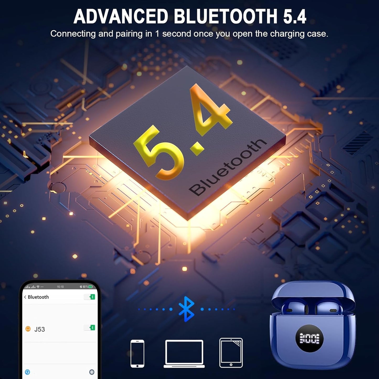 Wireless Earbuds, Bluetooth 5.4 Ear Buds LED Power Display Headphones Bass Stereo, Bluetooth Earbuds In-Ear Noise Cancelling Mic, 40H Playback Mini Case IP7 Waterproof Sports Earphones for Android Ios