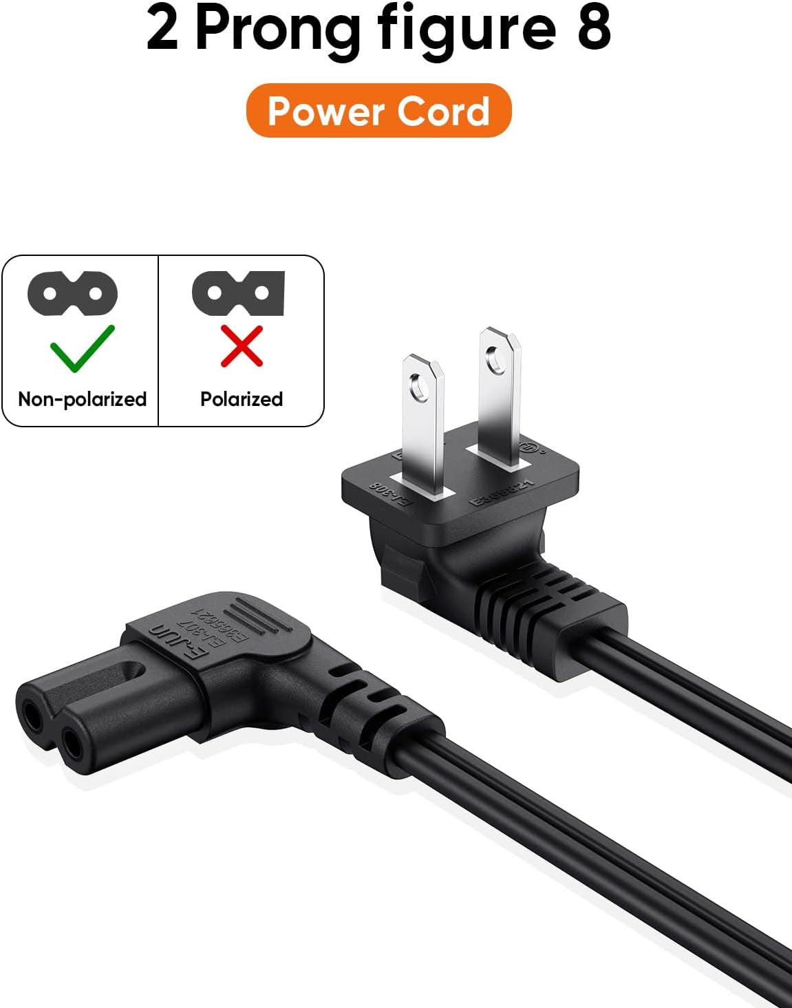 10 Feet 18 AWG Angled 2-Slot Non-Polarized Angle Power Cord for Samsung TV LG TCL Replacement (IEC320 C7 to Nema 1-15P), 3M