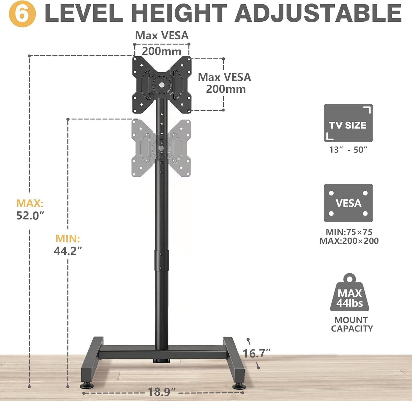 TV Floor Stand for 13-50 Inch LCD LED Flat/Curved Panel Screen Tvs up to 44 Lbs, Height Adjustable TV Stand Mount with VESA 200X200, Portable TV Stand for Bedroom, Dorm Room, Office