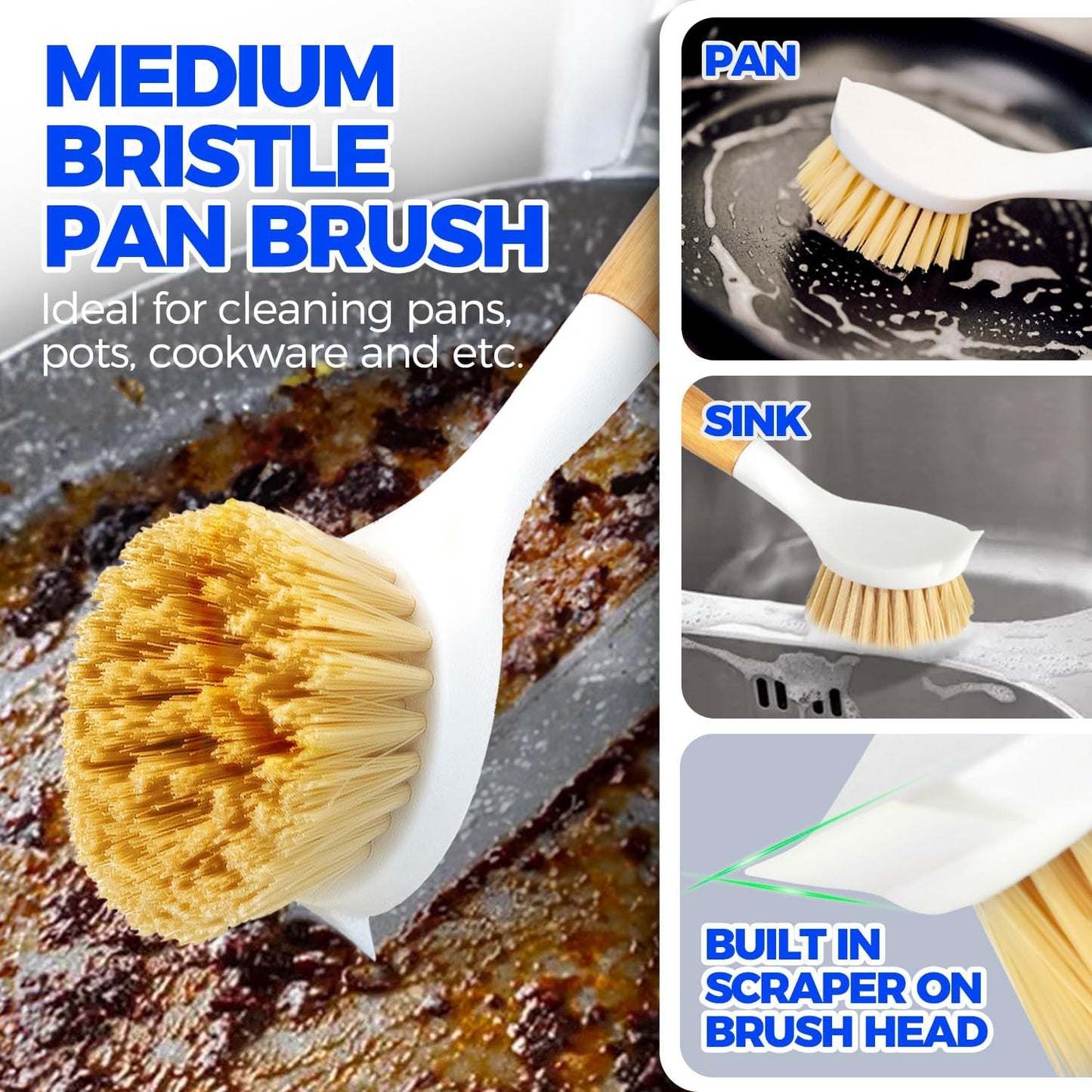 6 Pack Kitchen Brush Set & 3 Pack Bamboo Dish Brush Set