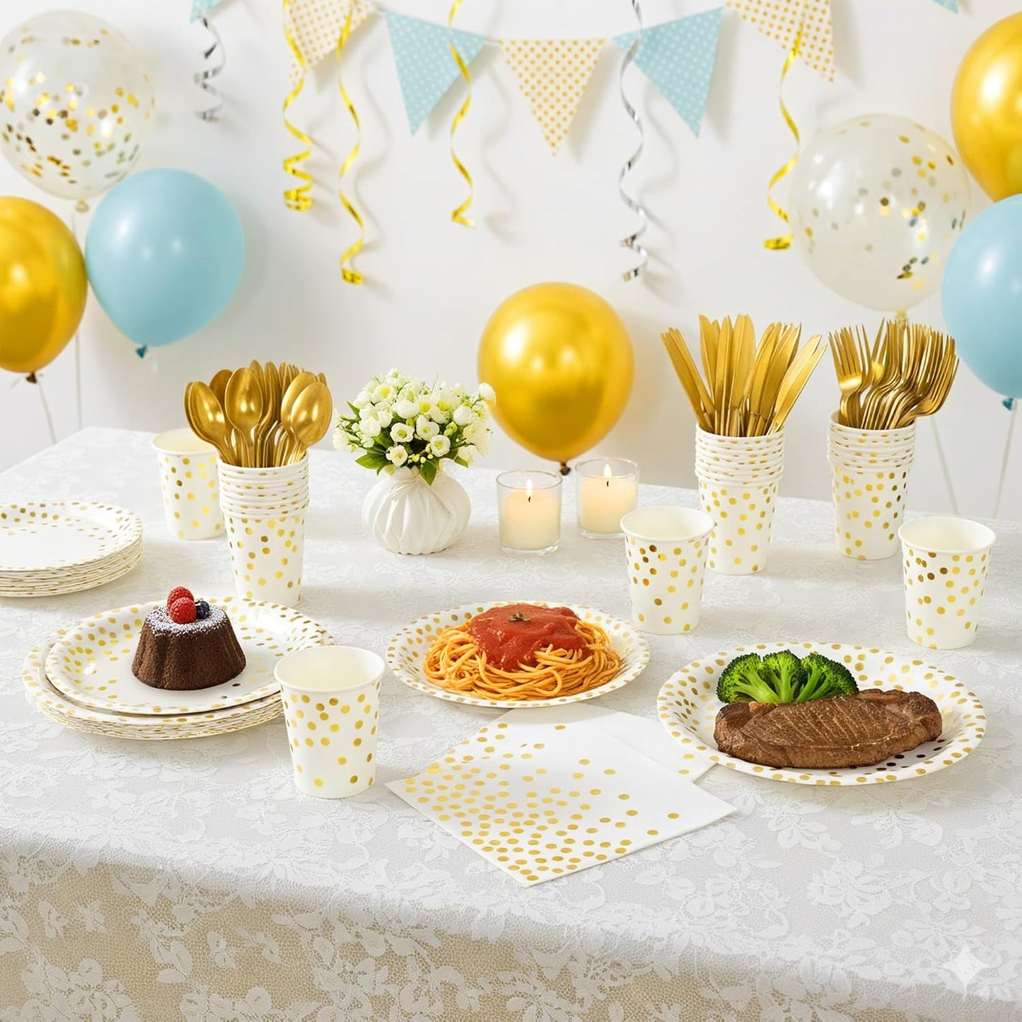 White and Gold Dot Paper Plates Set, 175 PCS Party Supplies, Disposable Dinnerware Set for 25 Guests, Gold Dot Paper Plates Napkins Cups Gold Plastic Forks Knives Spoons for Wedding Festival