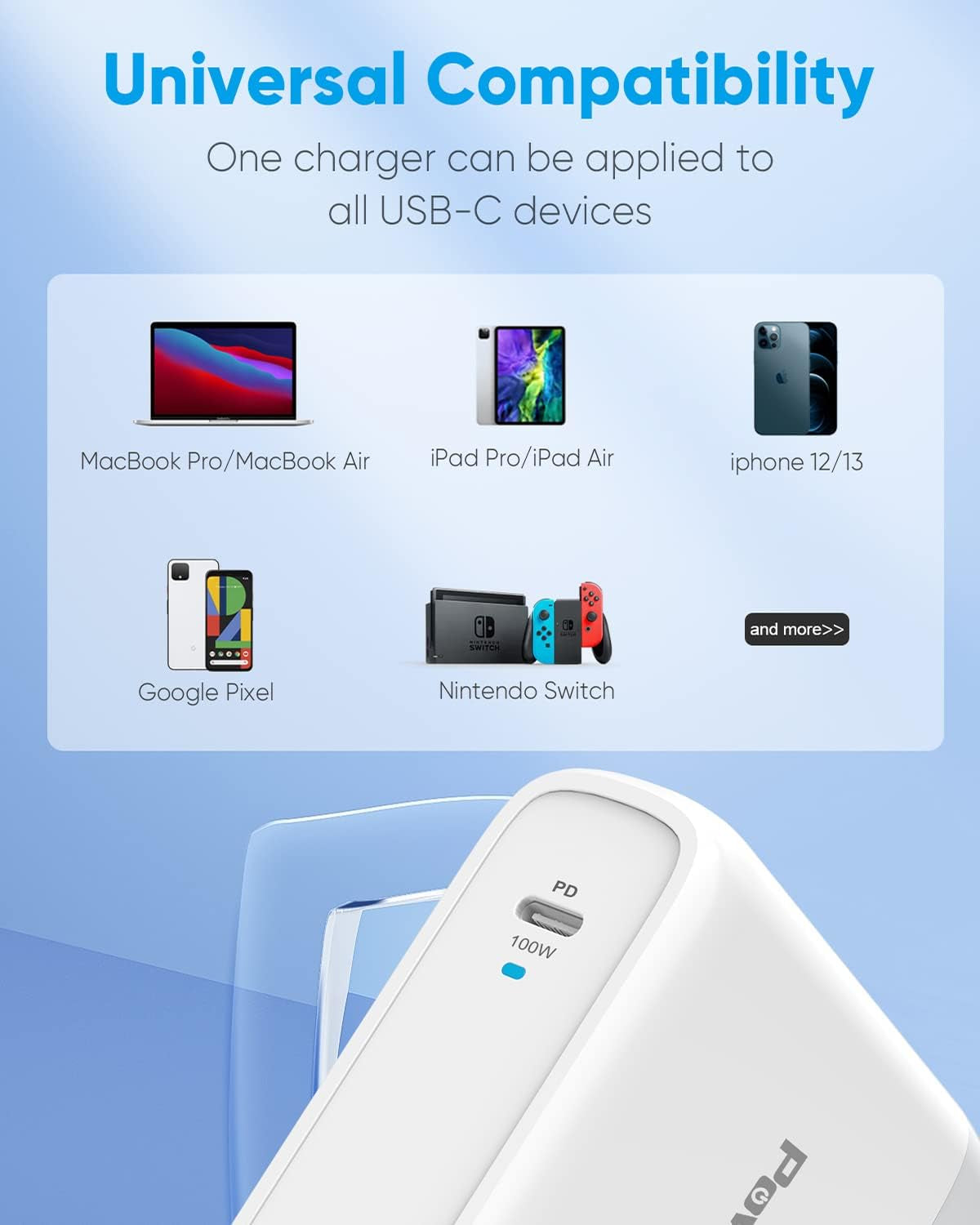 100W USB C Charger Fast Wall Charger PD 3.0 Gan Type C Charging, Power Adapter with 5A 6Ft Cable, Universal Charger Block for Macbook, Ipad, Iphone 14, Pixel, Chromebook and USB-C Laptops