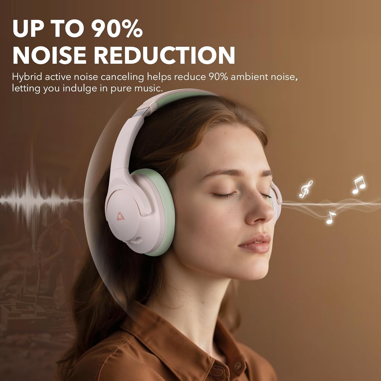 Y8+ Noise Cancelling Headphones Bluetooth, Wireless LDAC Hi-Res Audio, Custom EQ via App, 75H Playtime, Comfort Fit, over Ear Headphones Foldable for Airplane Travel Home Office Beige Green