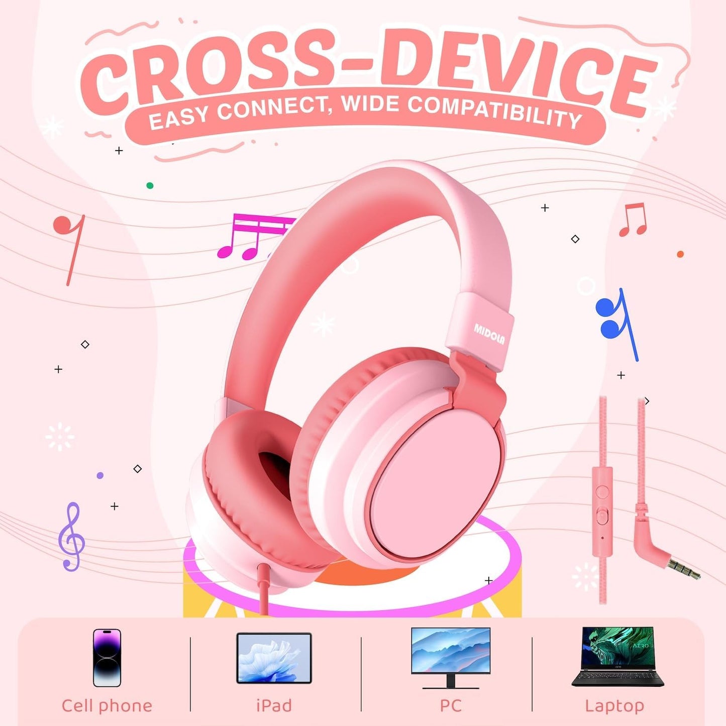 Kids Headphone Wired Volume Limited 85/94Db Over-Ear/On-Ear Foldable Headset with Microphone Hearing Protection Headphones for Toddler Boy Girl Child School Learning Pad Tablet Pink