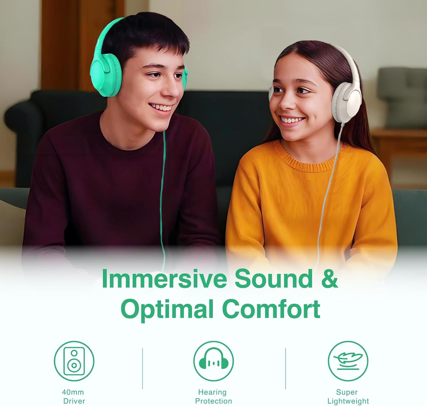 Wired Headphones Over-Ear Hi-Fi Sound with Microphone Adjustable Foldable, 1.5M Cord & 3.5Mm Jack, Lightweight Headset for Kids Adults PC Ipad Laptop Green