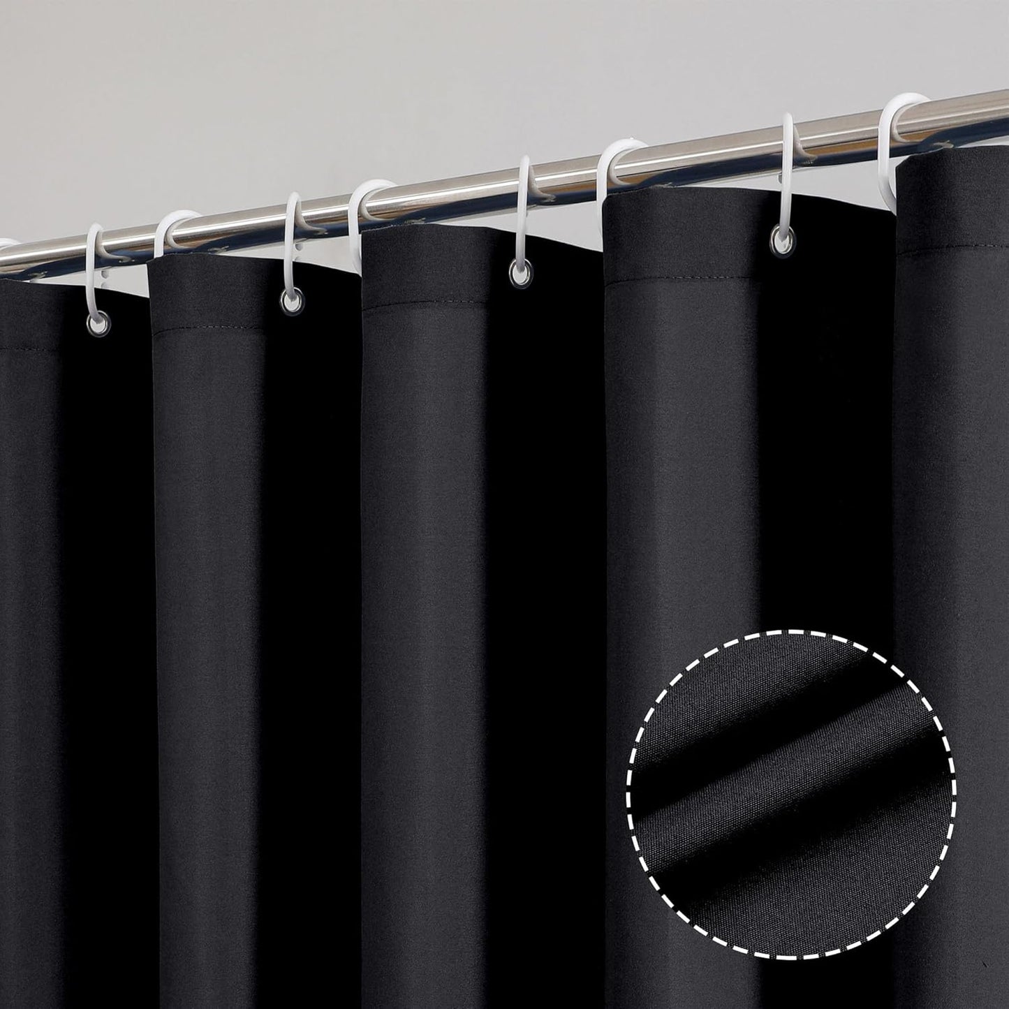 Zora Solid Black Shower Curtain for Bathroom, Fabric Shower Curtain- Soft Cloth & Hotel Spa Quality, Water Repellent, Machine Washable Shower Curtain Set with 12 Hooks, Grommets Top, 72Wx72L