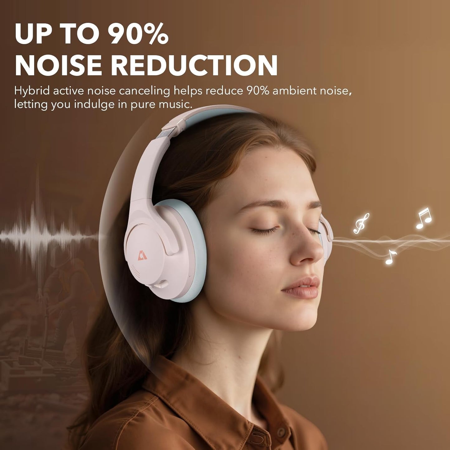 Y8+ Noise Cancelling Headphones Bluetooth, Wireless LDAC Hi-Res Audio, Custom EQ via App, 75H Playtime, Comfort Fit, over Ear Headphones Foldable for Airplane Travel Home Office Beige Cyan