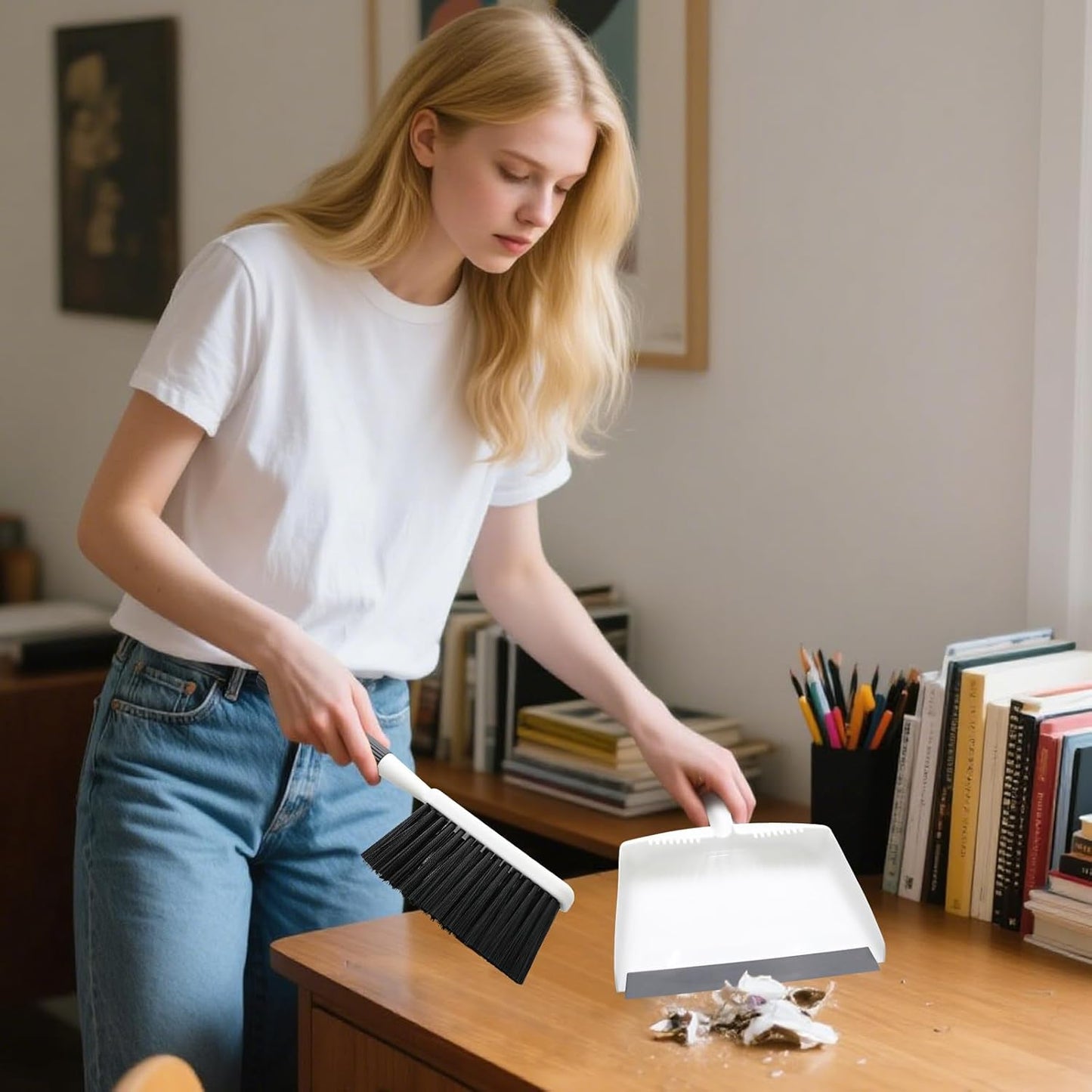 Mini Broom and Dustpan Set, Portable Cleaning Brush and Dustpan Combo Nesting Snap-On Handheld Dust Pan and Brush Set, Small Brush Dustpan for Kitchen, Desktop, Pet, Floor, Sofa, Grey White