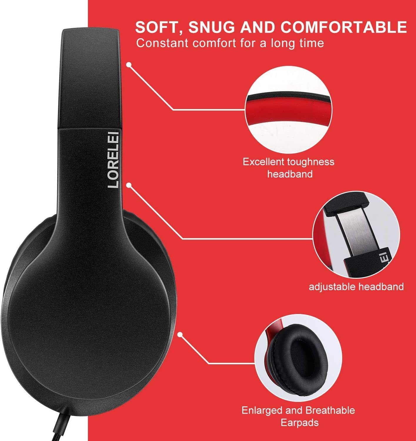 X6 Over-Ear Headphones with Microphone, Lightweight Foldable & Portable Stereo Bass Headphones with 1.45M No-Tangle,Wired Headphones for Smartphone Tablet MP3 / 4 (Black-Red)