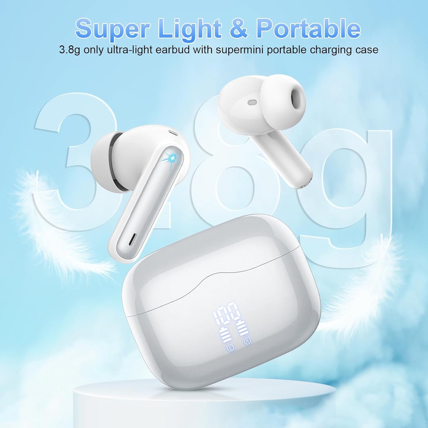 Wireless Earbuds, Bluetooth 5.4 Headphones in Ear with 4 ENC Noise Cancelling Mic, New Wireless Earphones Hifi Stereo Deep Bass 40H Playtime, In-Ear Bluetooth Earbuds LED Display IP7, USB-C, Silver