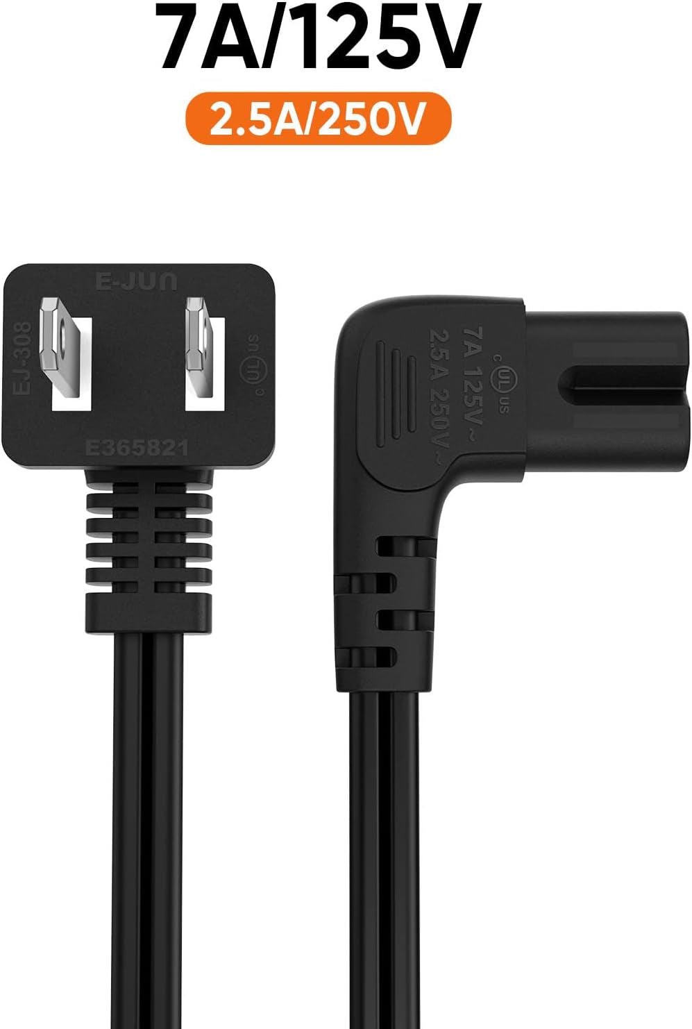10 Feet 18 AWG Angled 2-Slot Non-Polarized Angle Power Cord for Samsung TV LG TCL Replacement (IEC320 C7 to Nema 1-15P), 3M