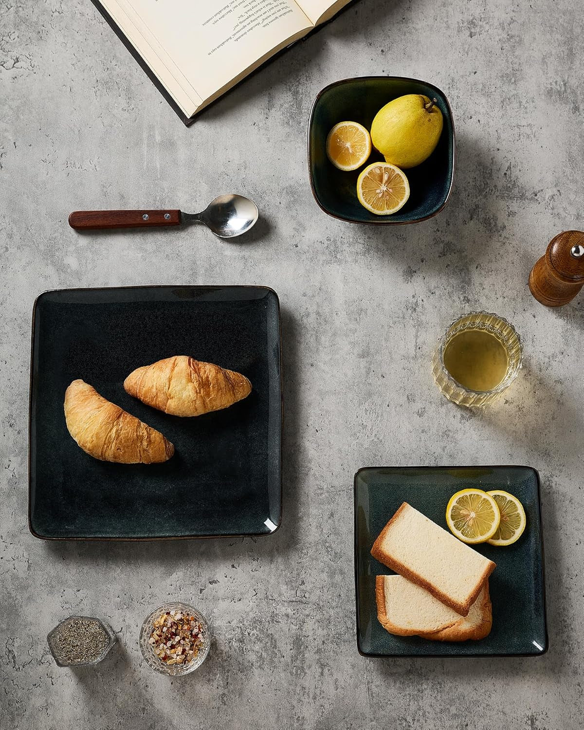 Dinnerware Sets for 4, Ocean Square 12-Piece Kitchen Plates and Bowls Sets, Reactive Glaze, Microwave and Dishwasher Safe, Scratch Resistant, Deep Forest