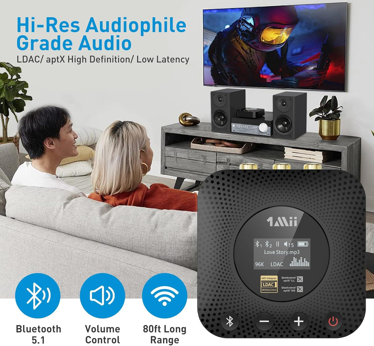 B06HD+ Hi-Res Bluetooth 5.1 Music Receiver for Home Stereo W/Ldac, Hi-Fi Bluetooth Adapter W/Audiophile DAC Aptx HD Volume Control OLED Display, Wireless Audio Adapter for AV Receiver/Amplifier