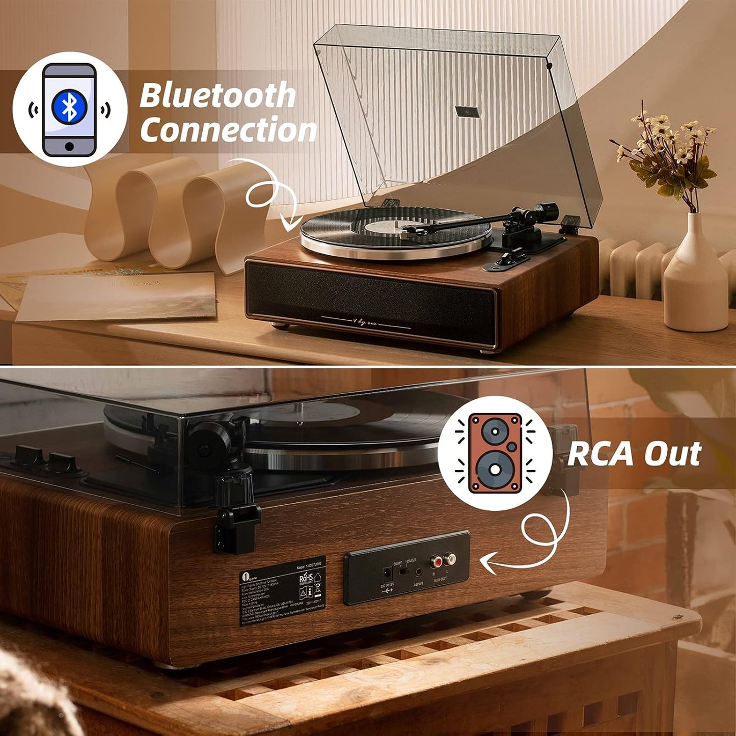 High Fidelity Belt Drive Turntable with Built-In Speakers, Vinyl Record Player with Magnetic Cartridge, Bluetooth Playback and Aux-In Functionality, Auto Off