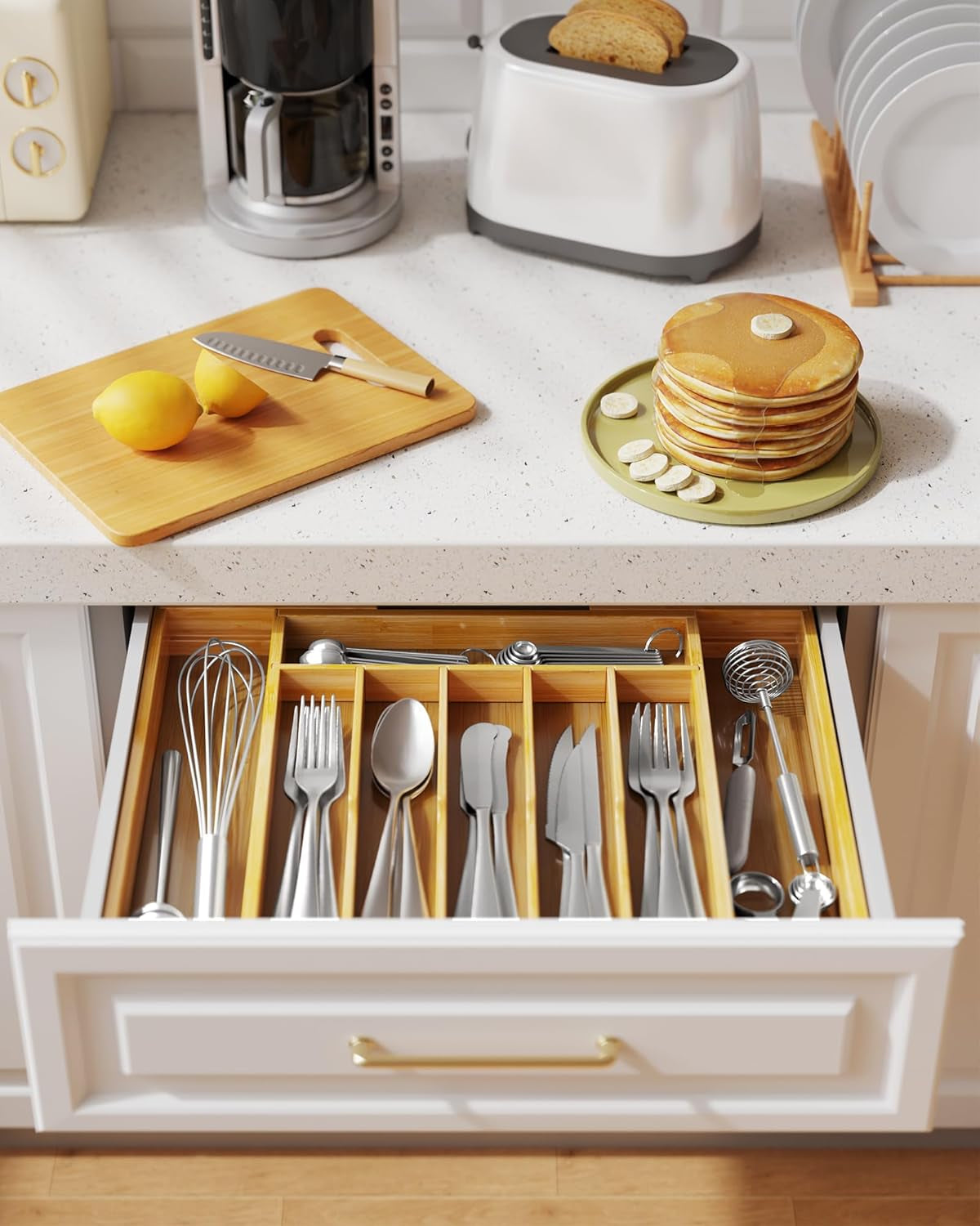 Large Thickened Silverware Organizer - Expandable Bamboo Kitchen Drawer Organizer for Cooking Utensils and Cutlery, Sturdy Kitchen Organizers and Storage Solution, 18.5"×13.3"×1.8"