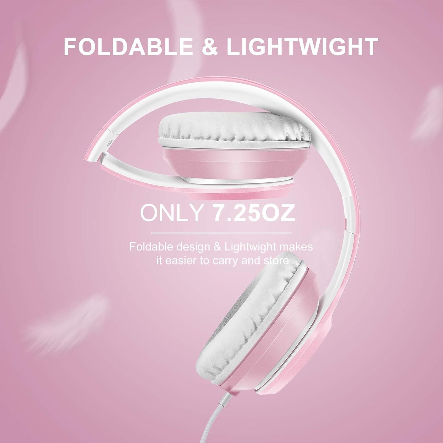 X8 Over-Ear Wired Headphones with Microphone with 1.45M-Tangle-Free Nylon Line&3.5Mm Plug,Lightweight Foldable & Portable Headphones for Smartphone,Tablet,Computer,Mp3/4(Pearl Pink)