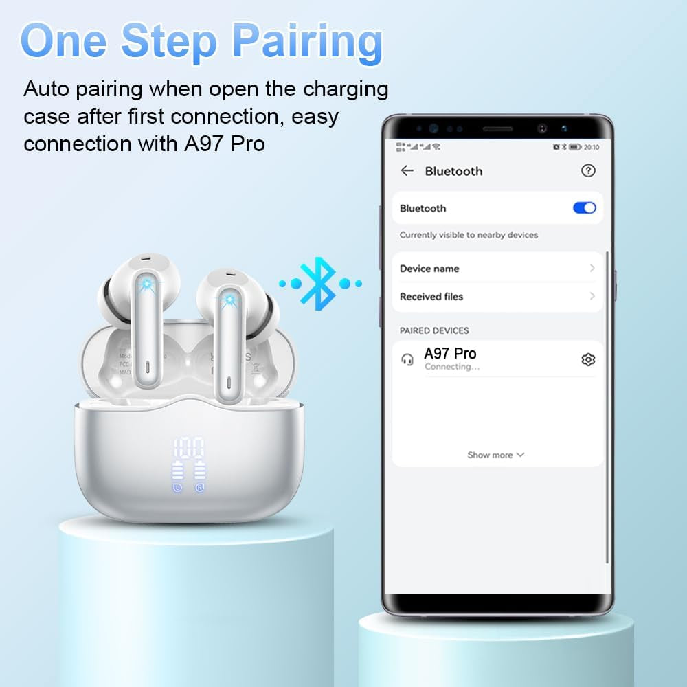 Wireless Earbuds, Bluetooth 5.4 Headphones in Ear with 4 ENC Noise Cancelling Mic, New Wireless Earphones Hifi Stereo Deep Bass 40H Playtime, In-Ear Bluetooth Earbuds LED Display IP7, USB-C, Silver