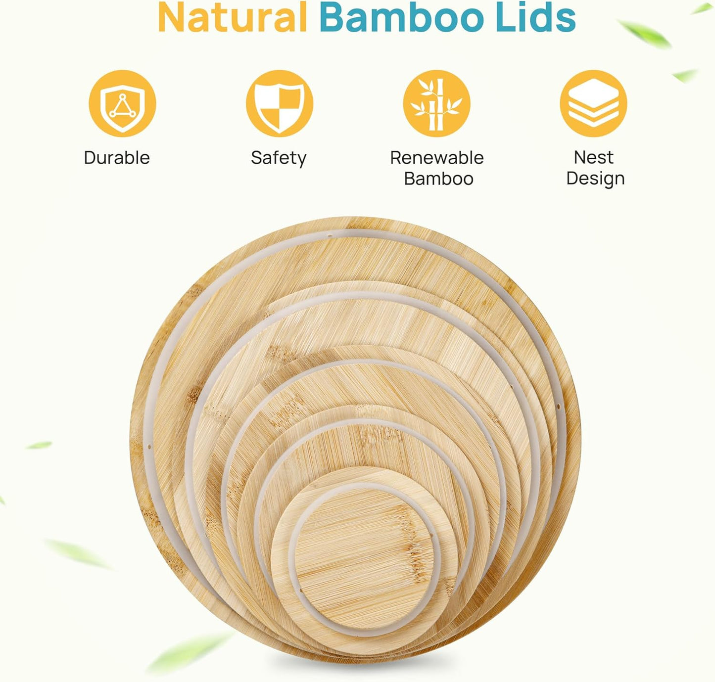 5 Pack Glass Mixing Bowls with Bamboo Lids Set (3.75/2.1/1.1/0.5/0.2 QT), Salad Bowl Set, Nesting Kitchen Bowls for Serving, Prepping, Cooking and Baking, Dishwasher & Microwavable Safe