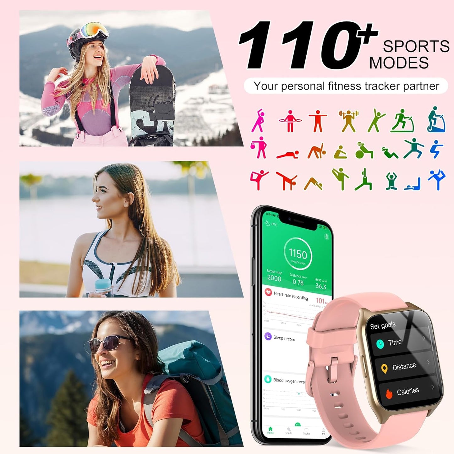 Smart Watch for Women, 1.85" HD Smartwatch (Answer/Make Call), 2025 Fitness Activity Tracker, 110+ Sport Modes/Heart Rate/Sleep Monitor/Pedometer, IP68 Waterproof Fitness Watch for Android Ios, Pink