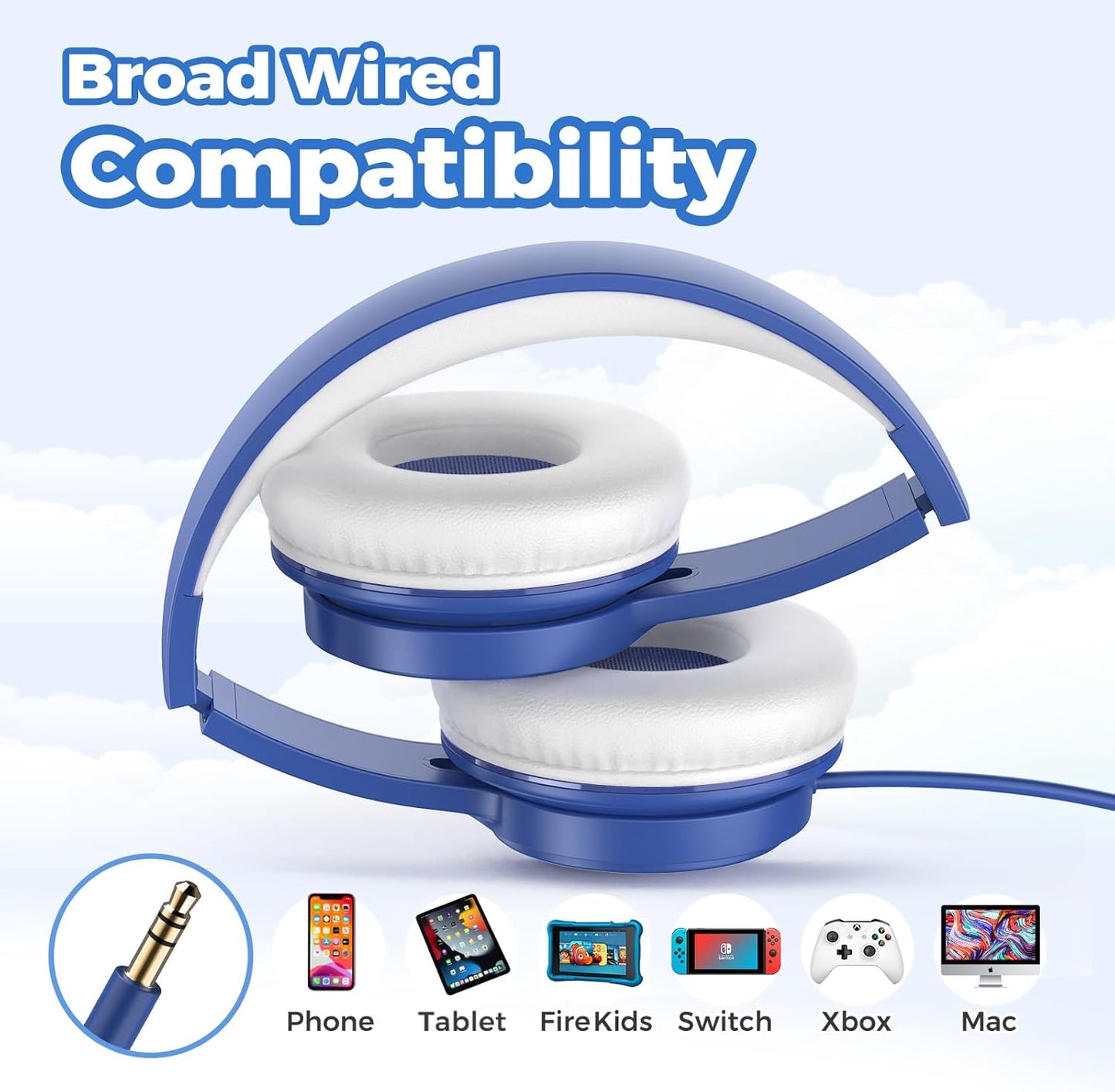 Upgraded Kids Headphones, Wired Toddler Headsets, 85Db Limited Volume on Ear Headphones, Portable Foldable Design, Stereo Sound Kids Headsets for School/Tablet/Travel-Sapphire Blue