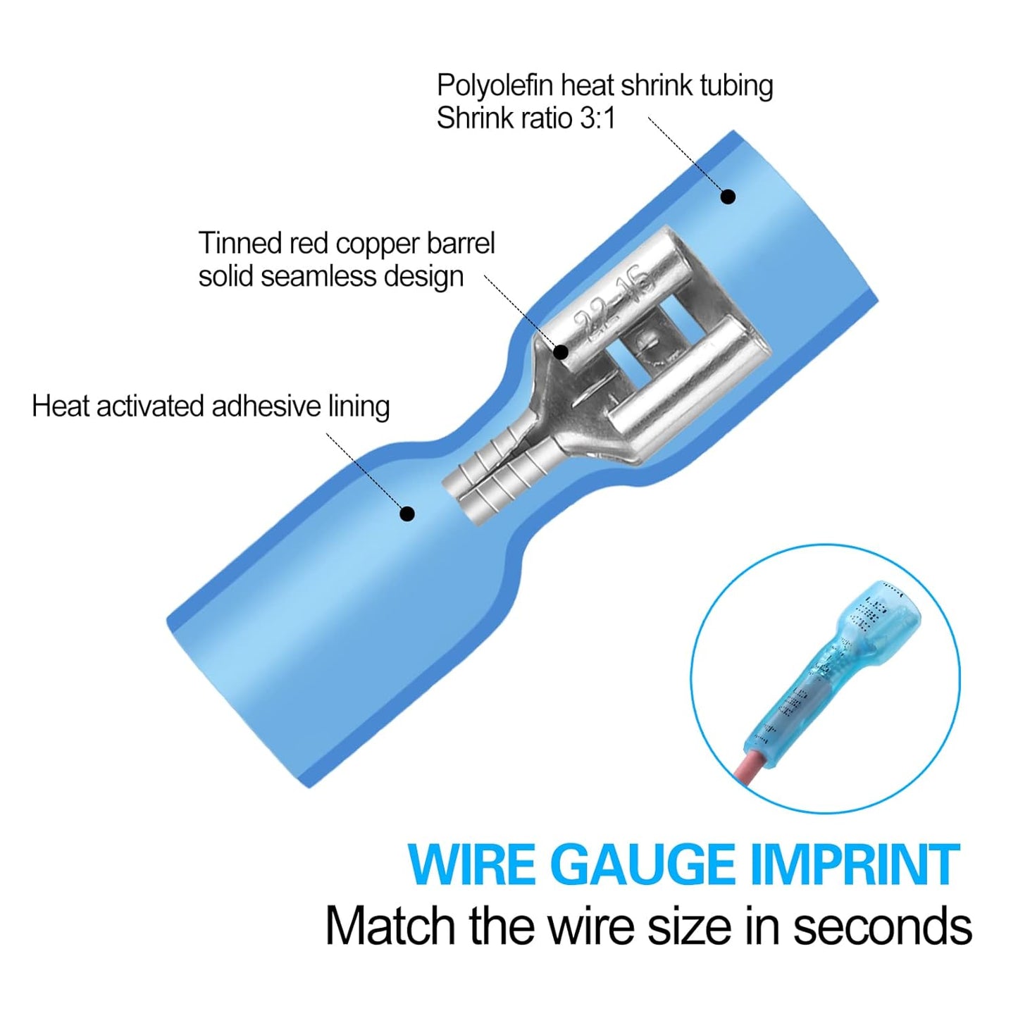 100 PCS 16-14 AWG Waterproof Heat Shrink Quick Disconnect Connectors, Crimp Electrical Wire Female Spade Connectors Insulated Disconnect for Marine Automotive Motorcycle Home Wiring (Blue)