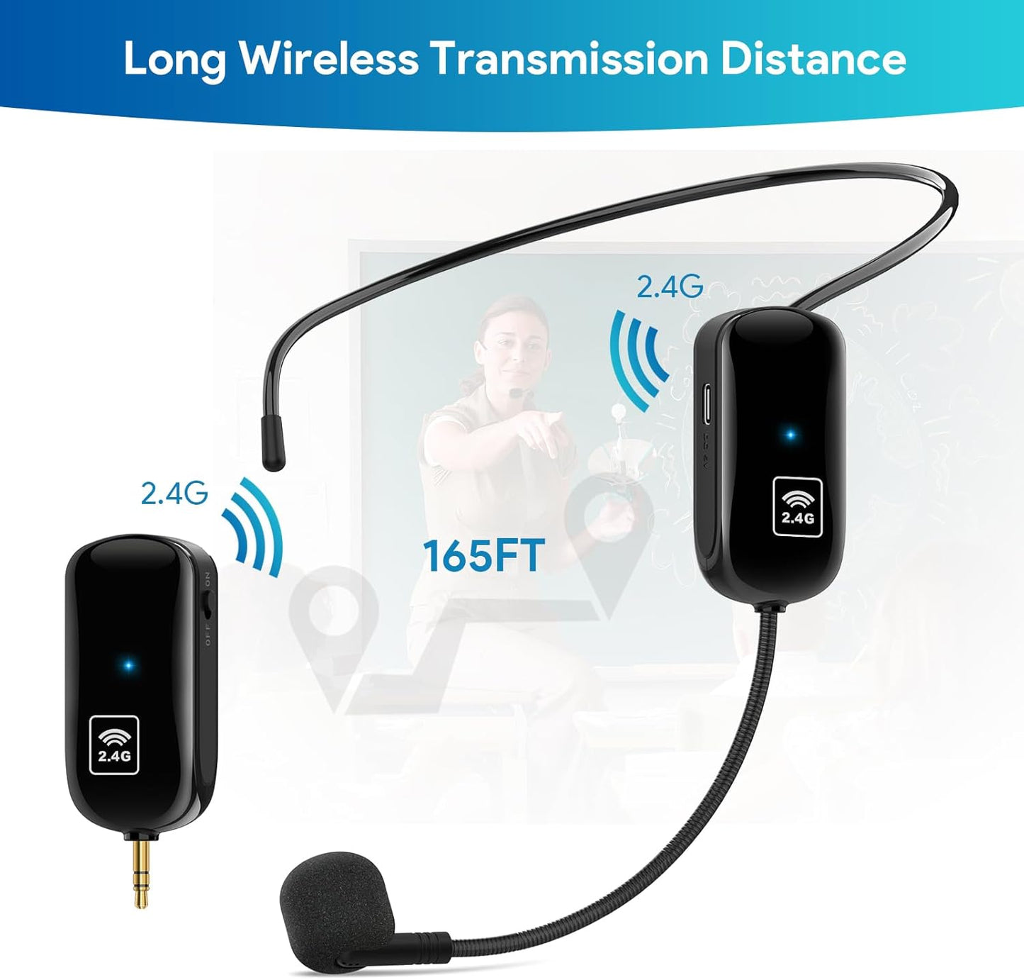Wireless Microphone Headset, 2.4G Wireless Headset Mic and Handheld Mic 2 in 1, 165Ft Range, 1/8''&1/4'' Plug, for Speakers, Voice Amplifier, PA System