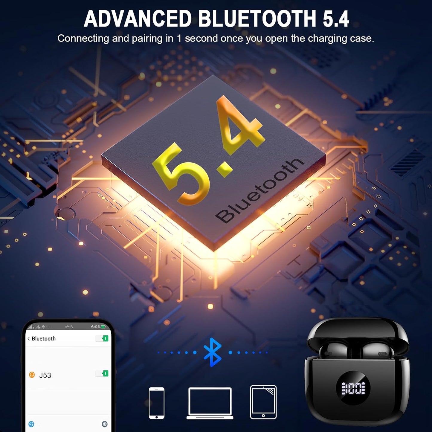 Wireless Earbuds, Bluetooth 5.4 Headphones Stereo Bass, in Ear Earphones 4 ENC Noise Cancelling Mic, 40H Playtime Ear Buds with Mini USB C Charging Case, IP7 Waterproof Sports Earbuds for Android Ios