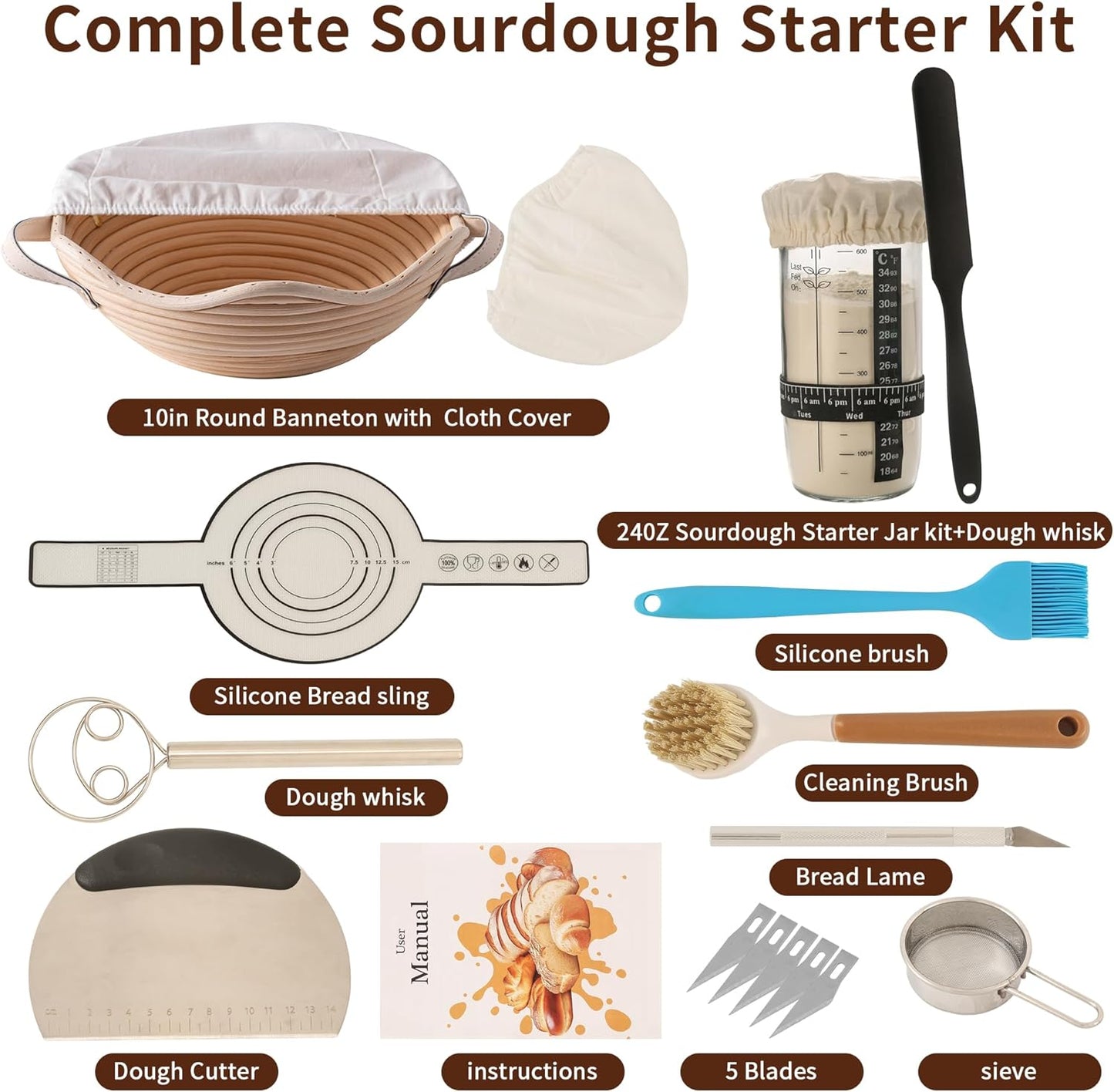 Complete Sourdough Starter Kit with Banneton Proofing Basket & Dough Scraper – All-In-One Bread Baking Set for Homemade Artisan Sourdough