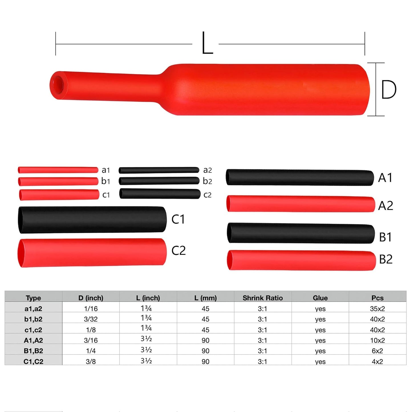 270Pcs 3:1 Shrink Ratio Dual Wall Adhesive Lined Heat Shrink Tubing Tube 6 Size: 3/8",1/4",3/16",1/8",3/32",1/16", 2 Color KIT Black Red