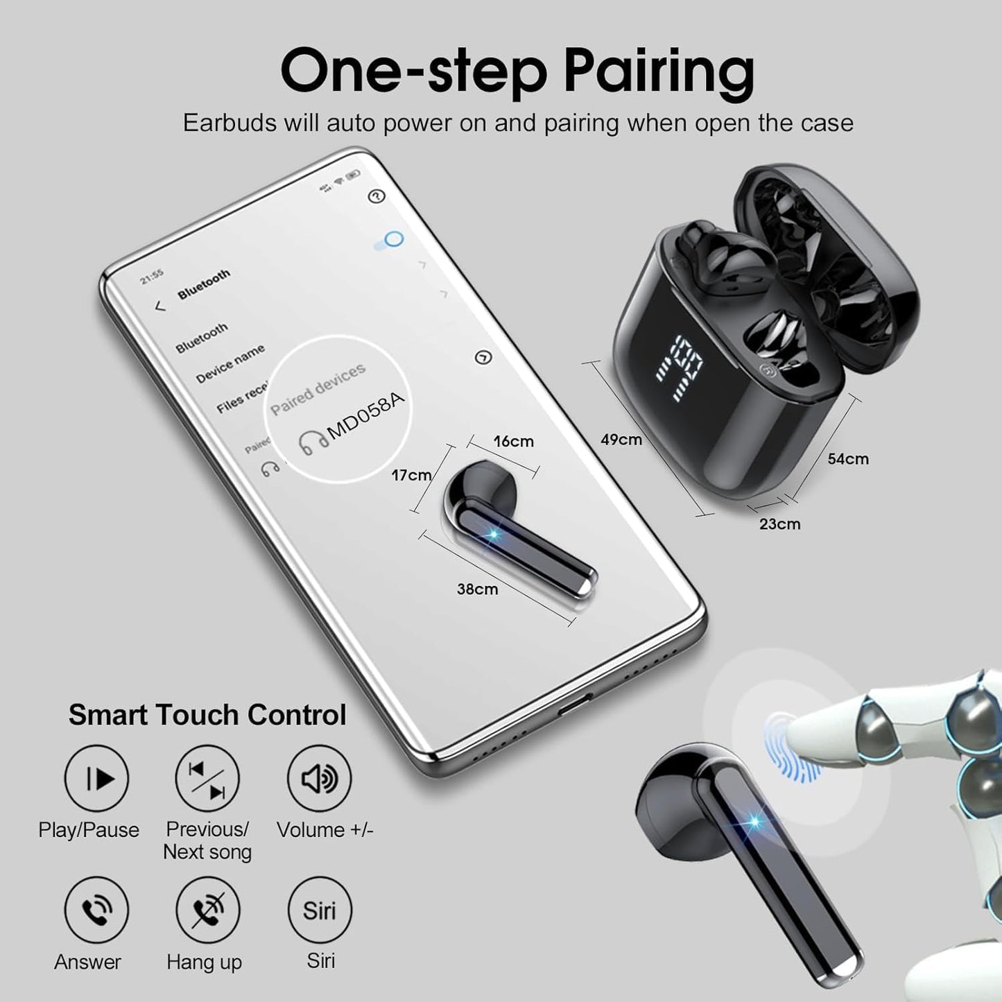 Wireless Earbuds, Bluetooth 5.3 Earphones with 4-Mics Clear Call, ENC Noise Cancelling Mic, Bluetooth Ear Buds Touch Control Stereo Sound, LED Display, Waterproof Running Headphones for Workout