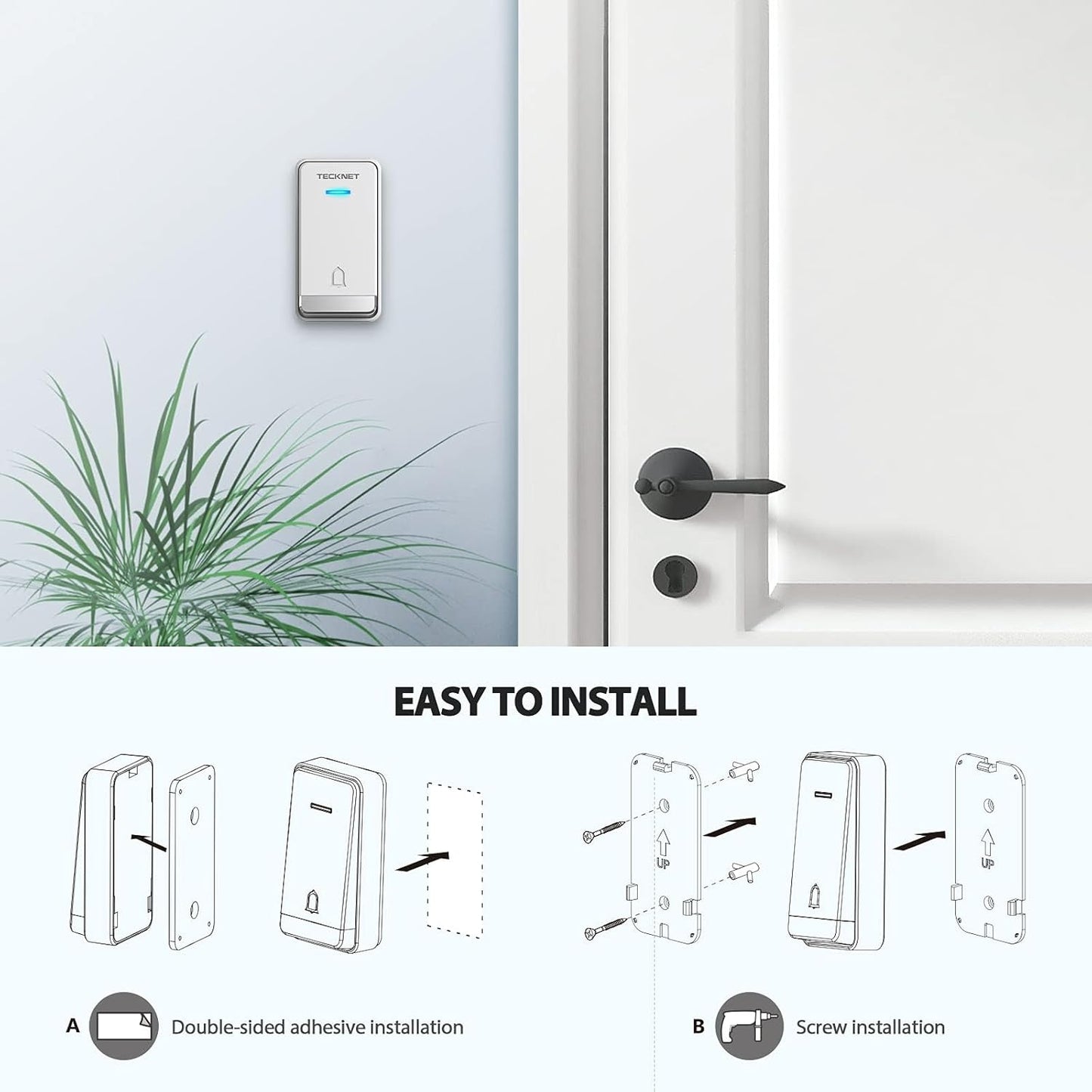 Wireless Doorbell, Self-Powered Doorbell, 0-110Db Plug-Through Wireless Doorbell Ringer for Homes Classroom, IP66 Waterproof 1300Ft Door Chime with Extra Socket, 60 Chimes, LED Light (White)