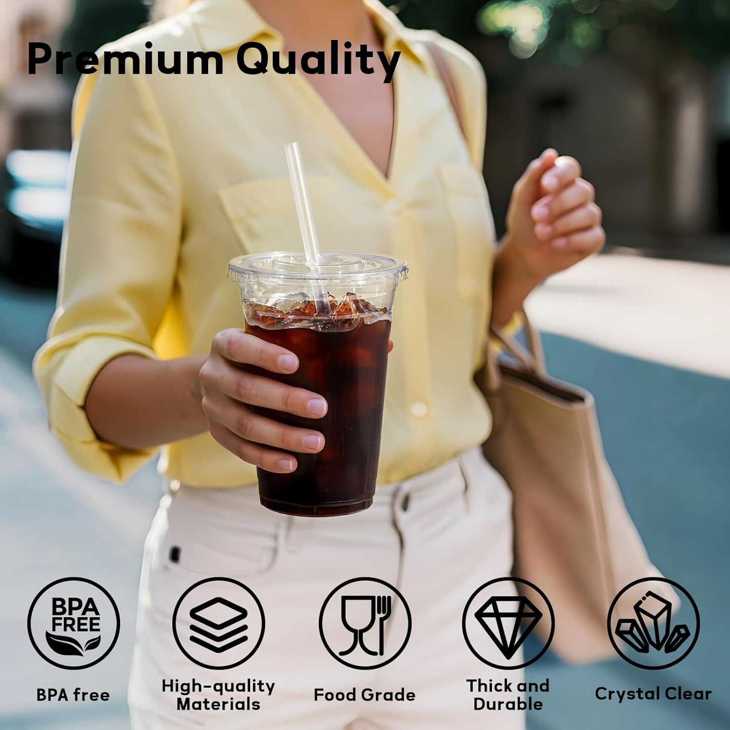 100 Pack - 16 Oz Clear Plastic Cups with Lids and Straws, Food Safe Disposable Iced Coffee Cups for Cold Beverages, Smoothies, Iced Coffee, Leak-Proof, Bpa-Free