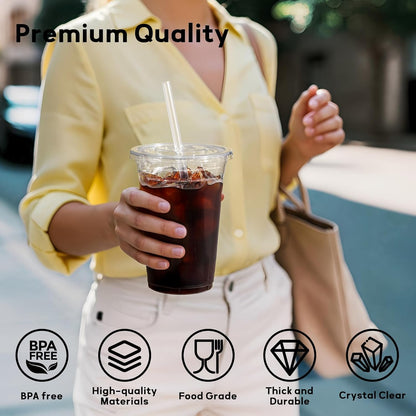 100 Pack - 16 Oz Clear Plastic Cups with Lids and Straws, Food Safe Disposable Iced Coffee Cups for Cold Beverages, Smoothies, Iced Coffee, Leak-Proof, Bpa-Free