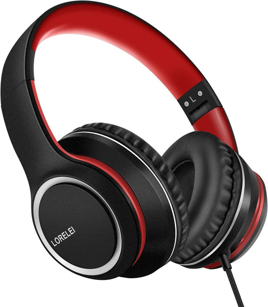 X8 Over-Ear Wired Headphones with Microphone with 1.45M-Tangle-Free Nylon Line&3.5Mm Plug,Lightweight Foldable & Portable Headphones for Smartphone,Tablet,Computer,Mp3/4(Black-Red)