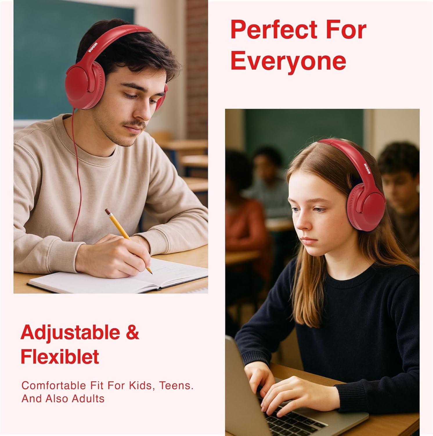 Wired Headphones Over-Ear Hi-Fi Sound with Microphone Adjustable Foldable, 1.5M Cord & 3.5Mm Jack, Lightweight Headset for Kids Adults PC Ipad Laptop Red