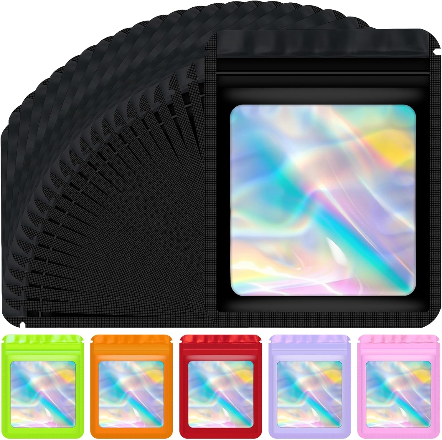 100 Pcs Holographic Bags Mylar Resealable Bags for Small Business Sealable Packaging Bag for Candy Food Storage Sample Bracelet Product Freshie Supplies Gifts Smell Proof Bag 3×3 Inch, Black