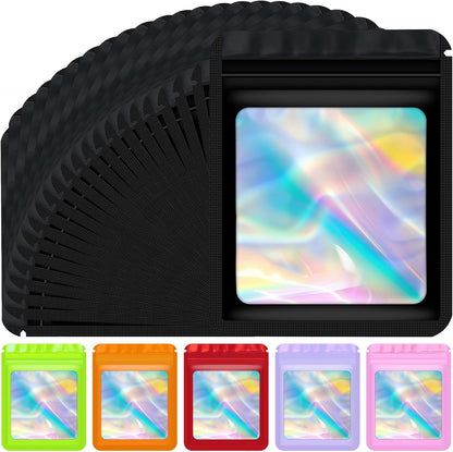 100 Pcs Holographic Bags Mylar Resealable Bags for Small Business Sealable Packaging Bag for Candy Food Storage Sample Bracelet Product Freshie Supplies Gifts Smell Proof Bag 3×3 Inch, Black