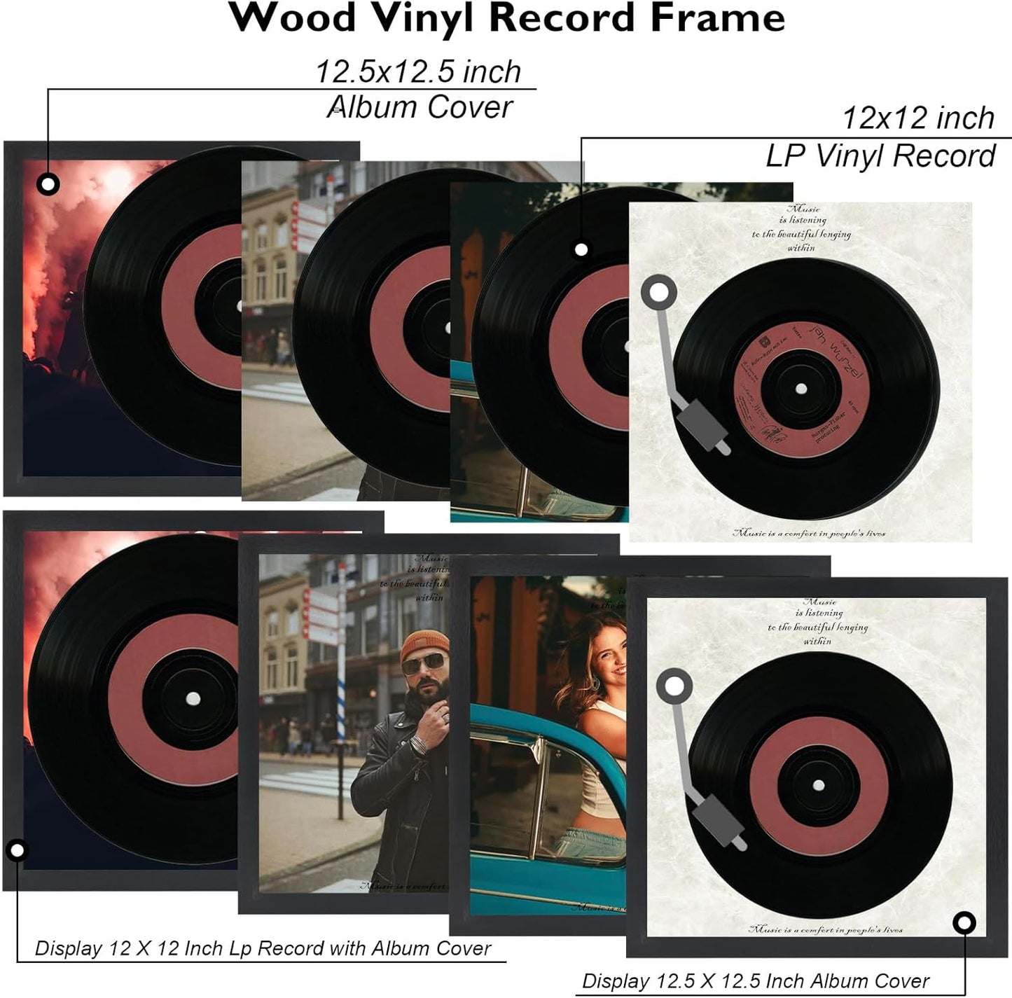 Wood Vinyl Record Frame for the Wall, Display 12.5X12.5 Album Cover and 12X12 LP Vinyl Record with Cover, Album Frames, Sturdy 12.5X12.5 Frame Black, 1 Pack