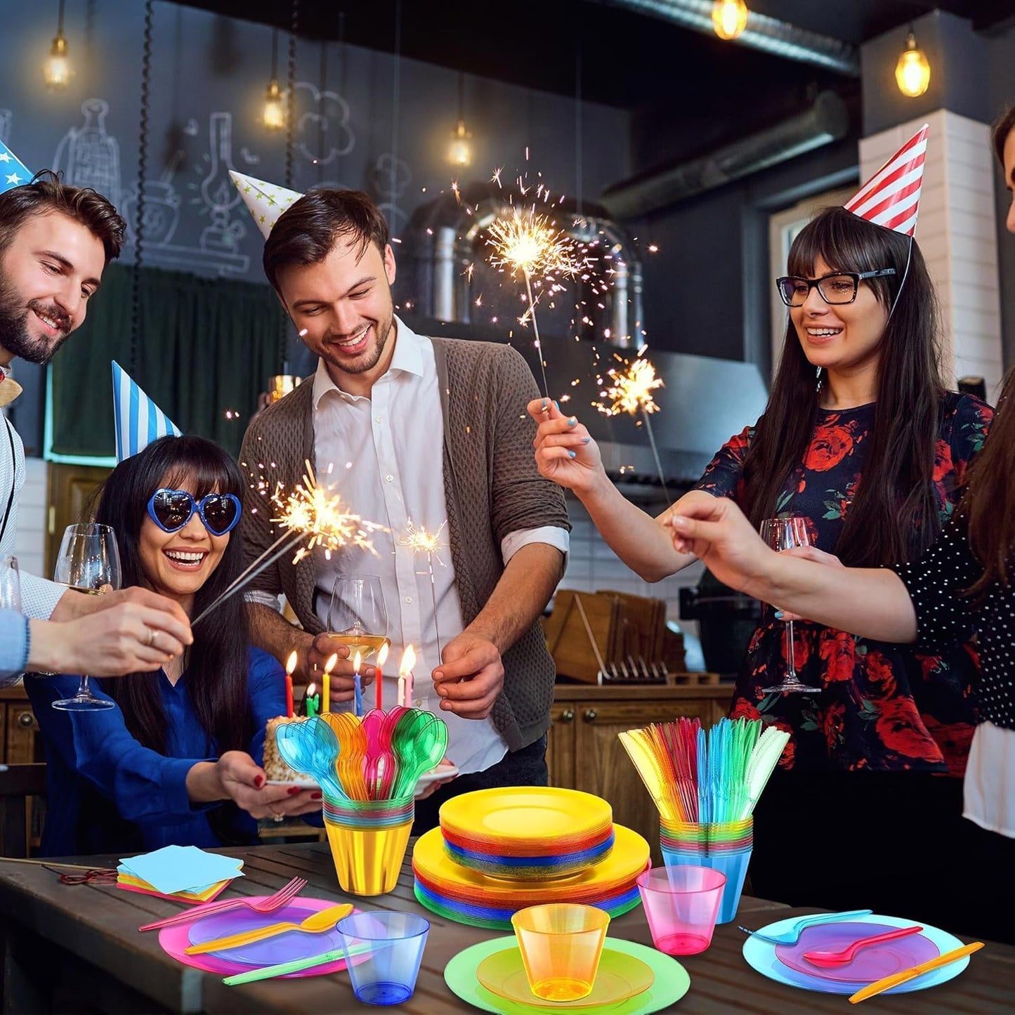112 PCS Neon Party Supplies Serves 16 Including 7.5 & 10.25 in Disposable Plastic Neon Plates 9 Oz Cups Cutlery Napkins Tableware Set Dessert Cake Plates for Blacklight Party Birthday