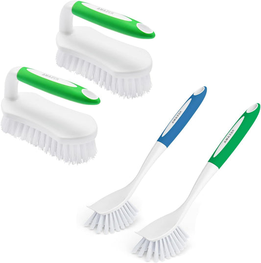 Dish Brush with Handle, 2 Pack Kitchen Scrub Brushes for Cleaning, Grip Shower Scrubber Flexible Stiff Bristles with Handle