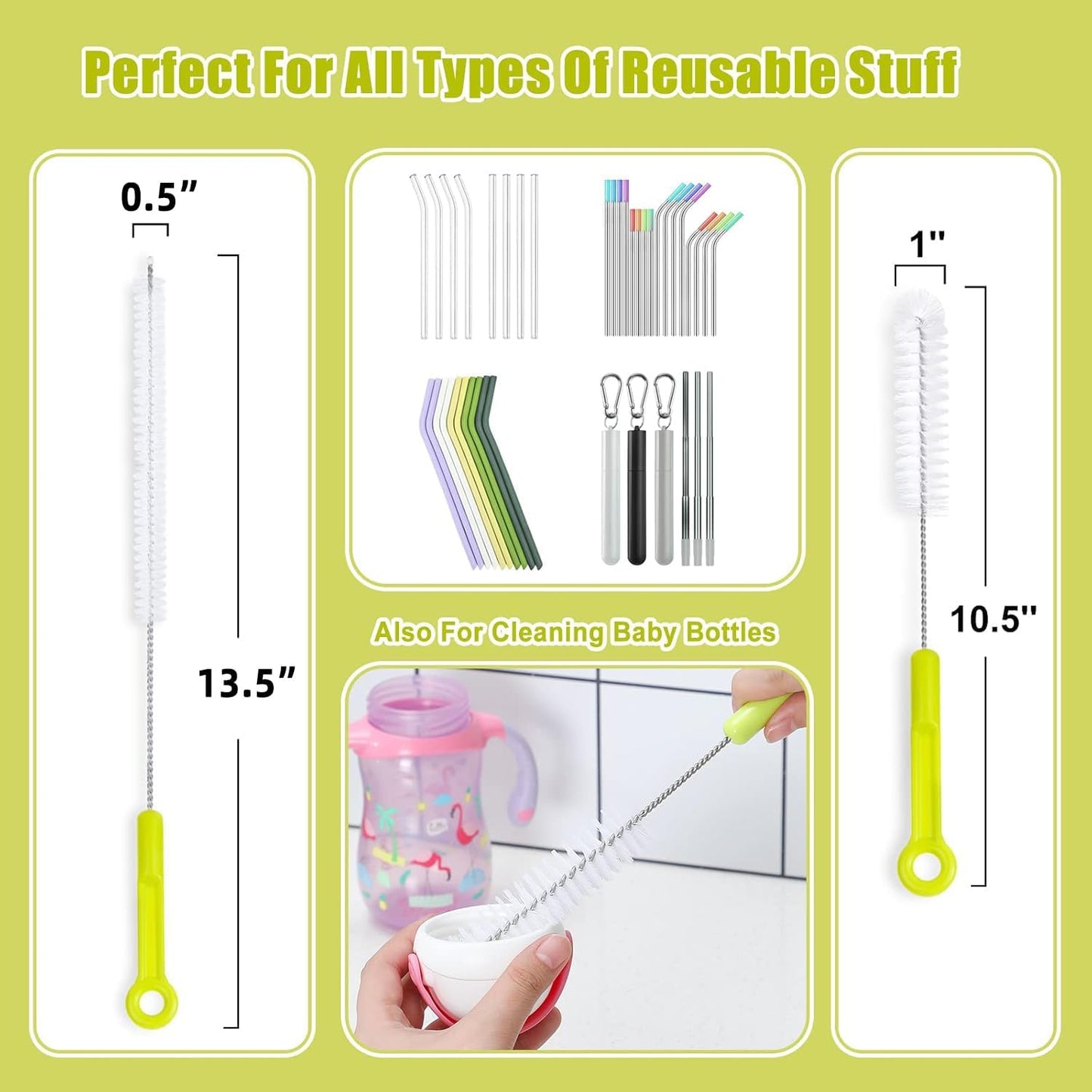 Bottle Cleaning Brush Set - Long Handle Bottle Cleaner for Washing Narrow Neck Beer Bottles, Sports Water Bottles with Straw Brush, Kettle Spout/Lid Cleaner Brushes