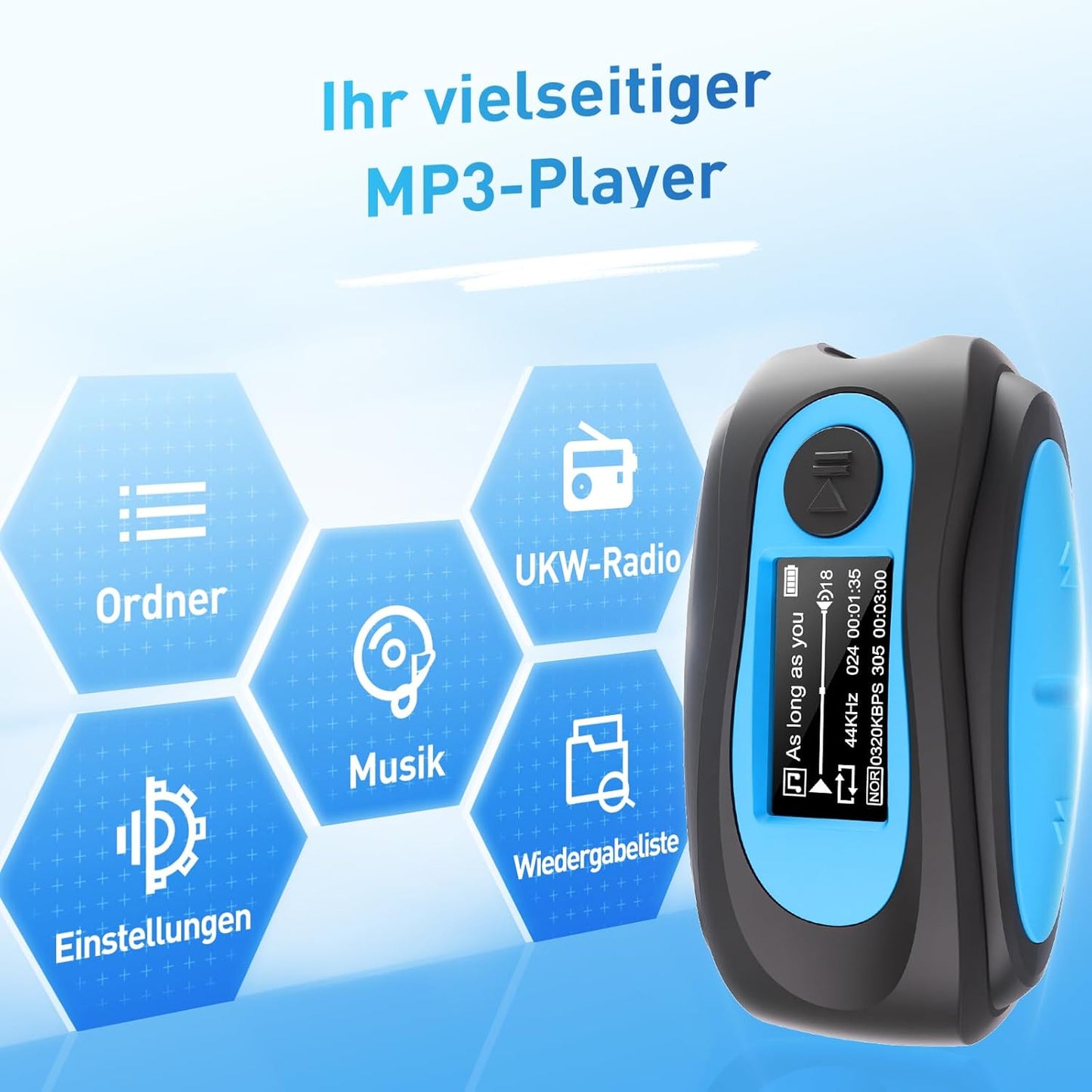 IPX8 Waterproof Mp3 Player with Screen, Multi-Functional Clip Music Player with Waterproof Headphones for Surfing Swimming Water Sports