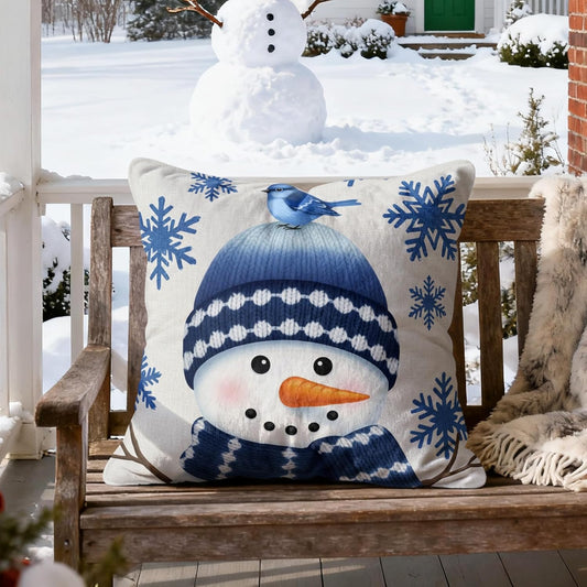 Winter Pillow Cover 18X18 Inch - Winter Holiday Decorative Throw Pillow Cover Printed Snowman in Blue Knit Hat & Scarf, with Blue Bird & Snowflakes for Couch Sofa Home Decor