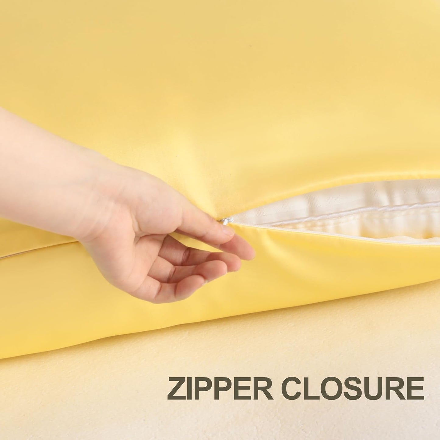 Zippered Satin Pillow Cases for Hair and Skin, Luxury Standard Hidden Zipper Pillowcases Set of 4, 20X26 Inches, Yellow