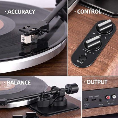 High Fidelity Belt Drive Turntable with Built-In Speakers, Vinyl Record Player with Magnetic Cartridge, Bluetooth Playback and Aux-In Functionality, Auto Off